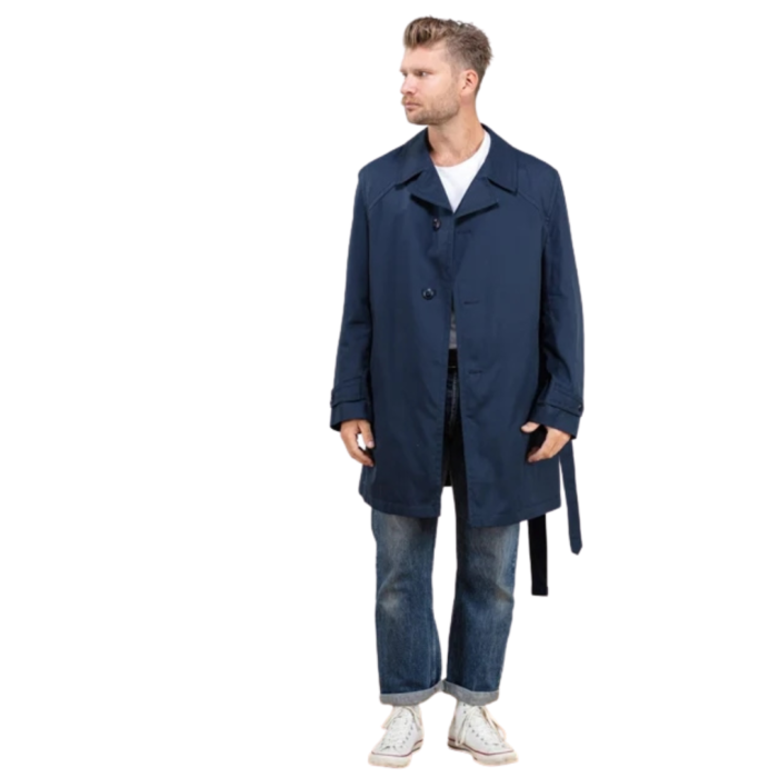 Men Blue Vintage 70s Classic Handmade Pure Cotton Polyester Retro Trench Coat