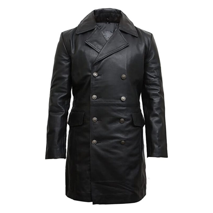 Men Double Breasted Pea Style Leather Trench Coat