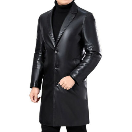Men Black Slim Fit Handmade Leather Gothic Trench Coat