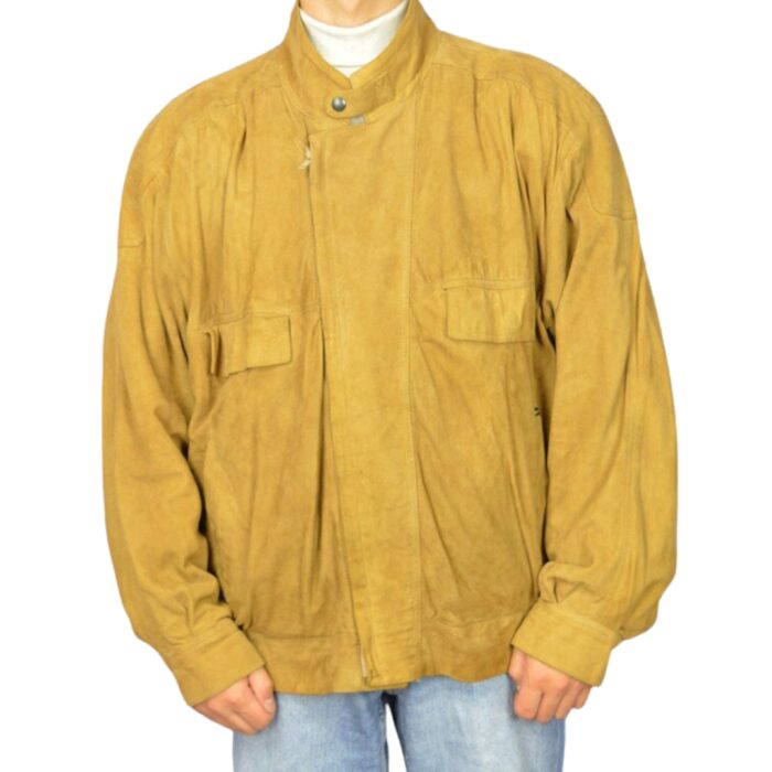 Vintage Gold Colour Classic Suede Leather Bomber Jacket