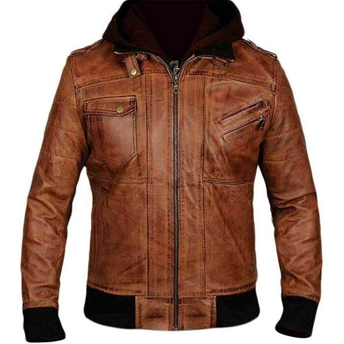 Men's Brown Leather Hooded Racer Jacket