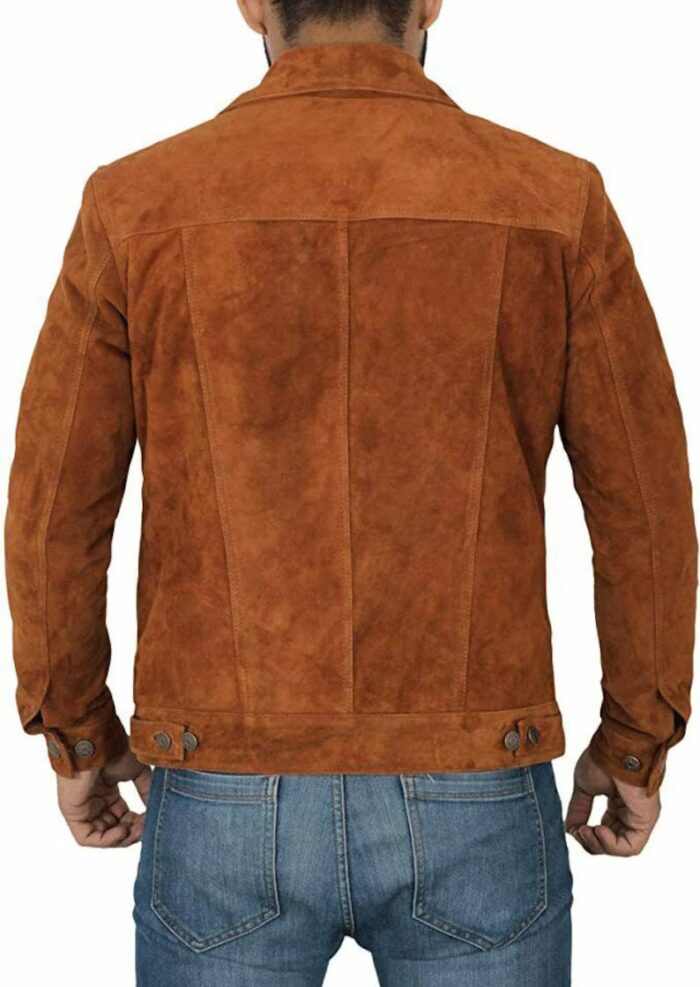 Men Brown Trucker Style Suede Leather Jacket