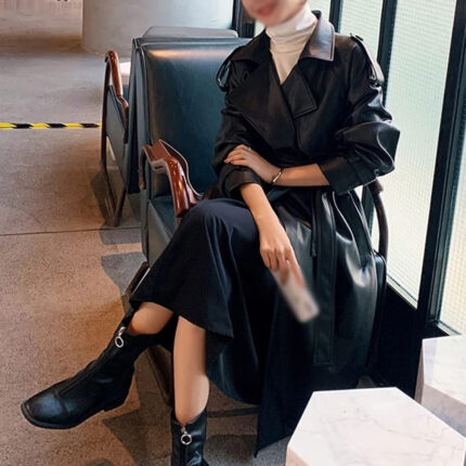 Women's Fashionable Black PU Leather Trench Coat