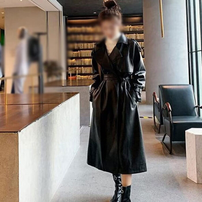 Women's Fashionable Black PU Leather Trench Coat