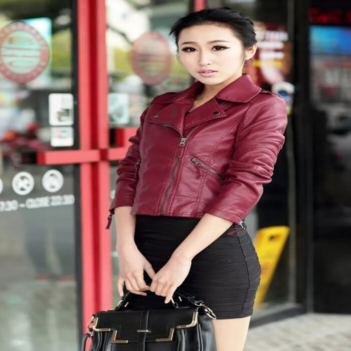 Women Short-Length Biker Leather Jacket