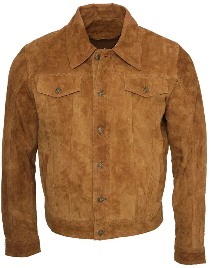 Men's Tan Casual Trucker Suede Leather Jacket