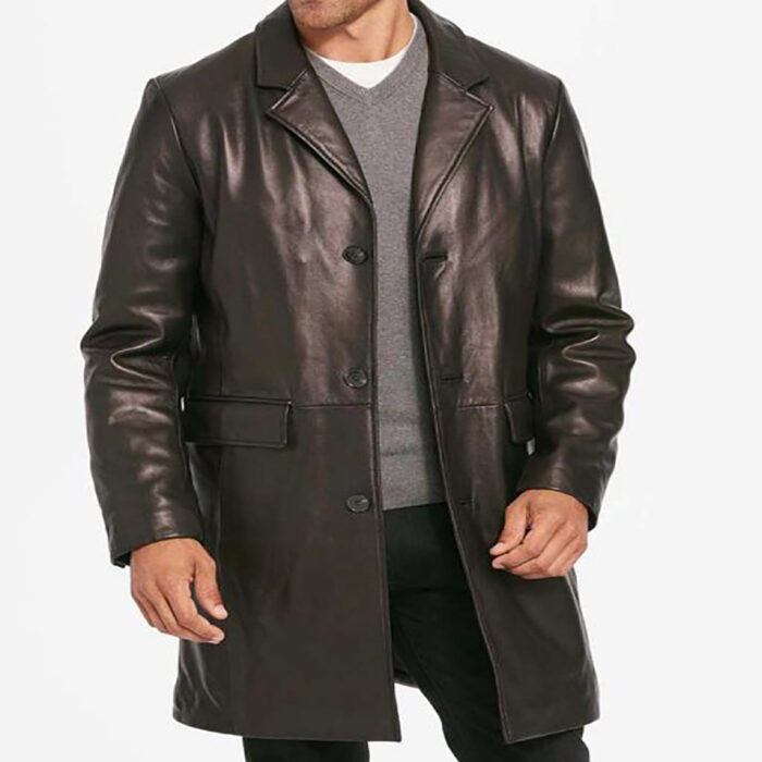 Mens Three Button Notch Collar Leather Top Coat