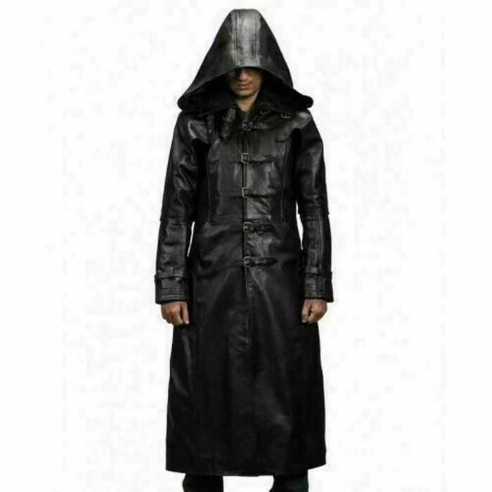 Men Long Length Steampunk Hooded Collar Handmade Genuine Leather Trench Coat
