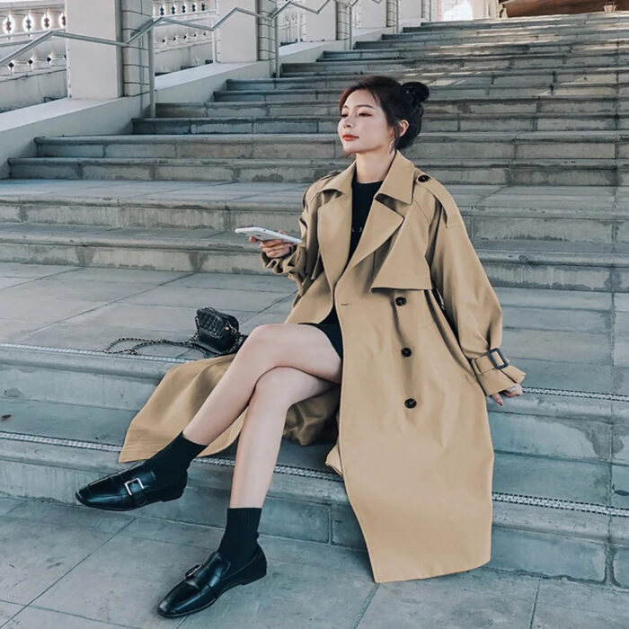 Women's Slim Long Khaki Colored Korean Style Trench Coat