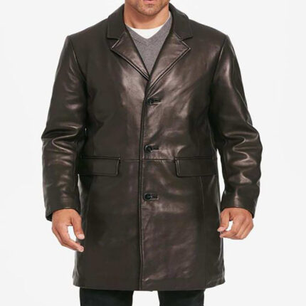Mens Three Button Notch Collar Leather Top Coat