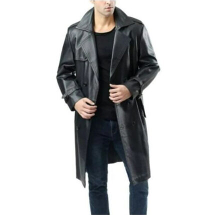 Men Long Length Handmade Genuine Lambskin Leather Trench Coat
