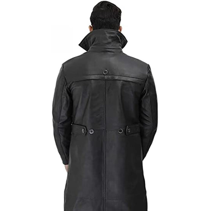 Men Matte Black Long Leather Hooded Coat