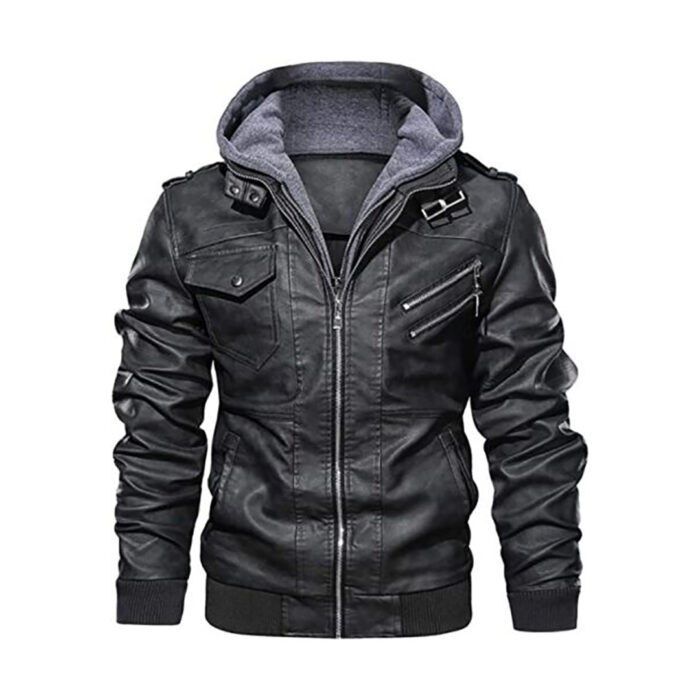 Men Black Hooded Leather Jacket