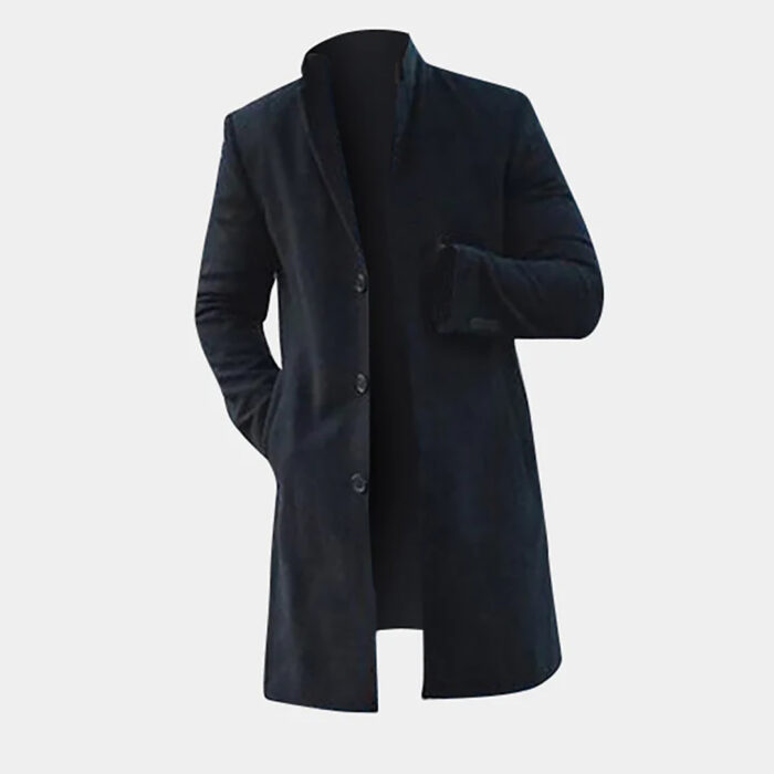 Men Long Length Fitted Handmade Woolen Overcoat Trench Coat