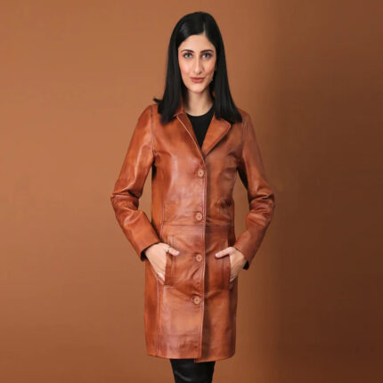 Kandis Womens Cognac Leather Car Coat