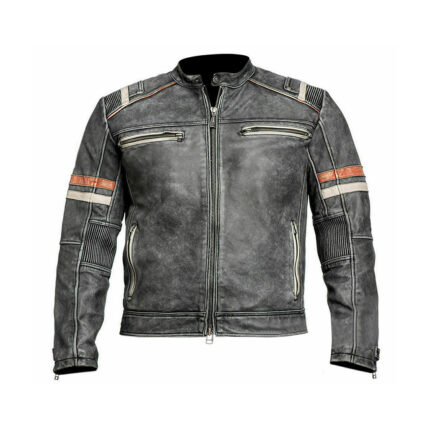 Men Vintage Black Leather Cafe Racer Jacket
