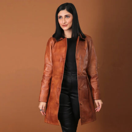 Kandis Womens Cognac Leather Car Coat