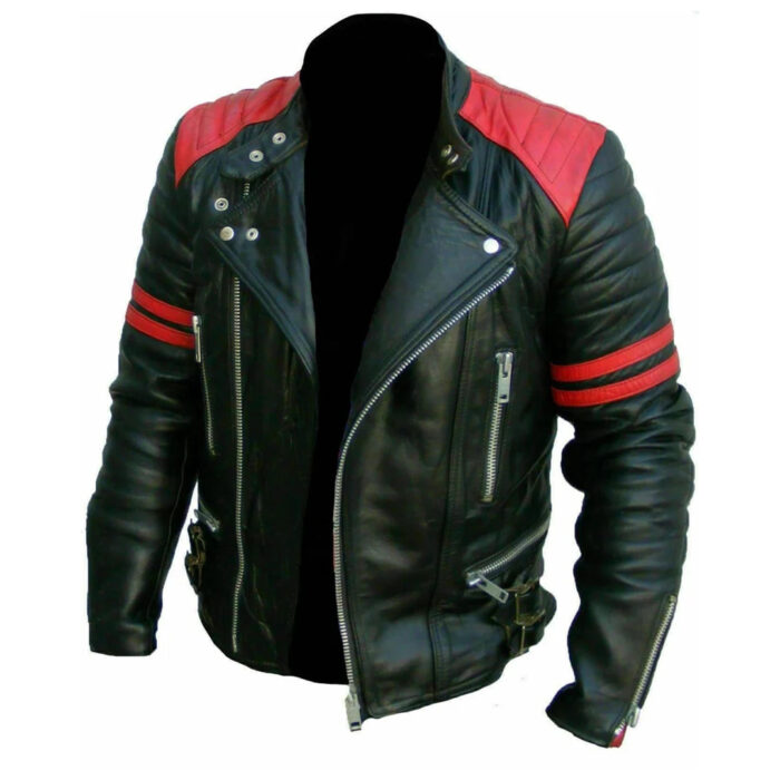 Men Brando Red Striped Cafe Racer Black Leather Jacket