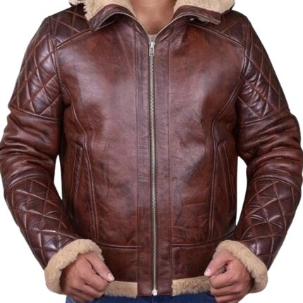 Men Brown Diamond Quilted Bomber B3 Shearling Jacket