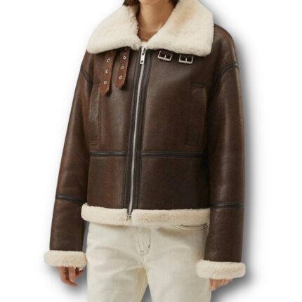 Women Chocolate Brown Shearling Leather Jacket