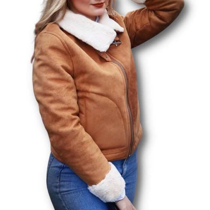 Women's Brown Suede Leather B3 Bomber Jacket With Shearling Fur