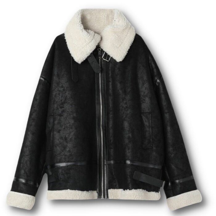 Women's Black Leather White Shearling Fur Jacket