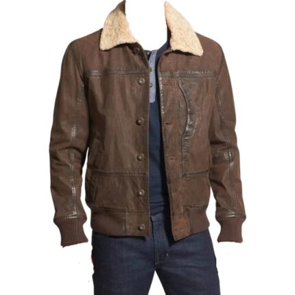 Men Brown Shearling-Collar Leather Bomber Jacket